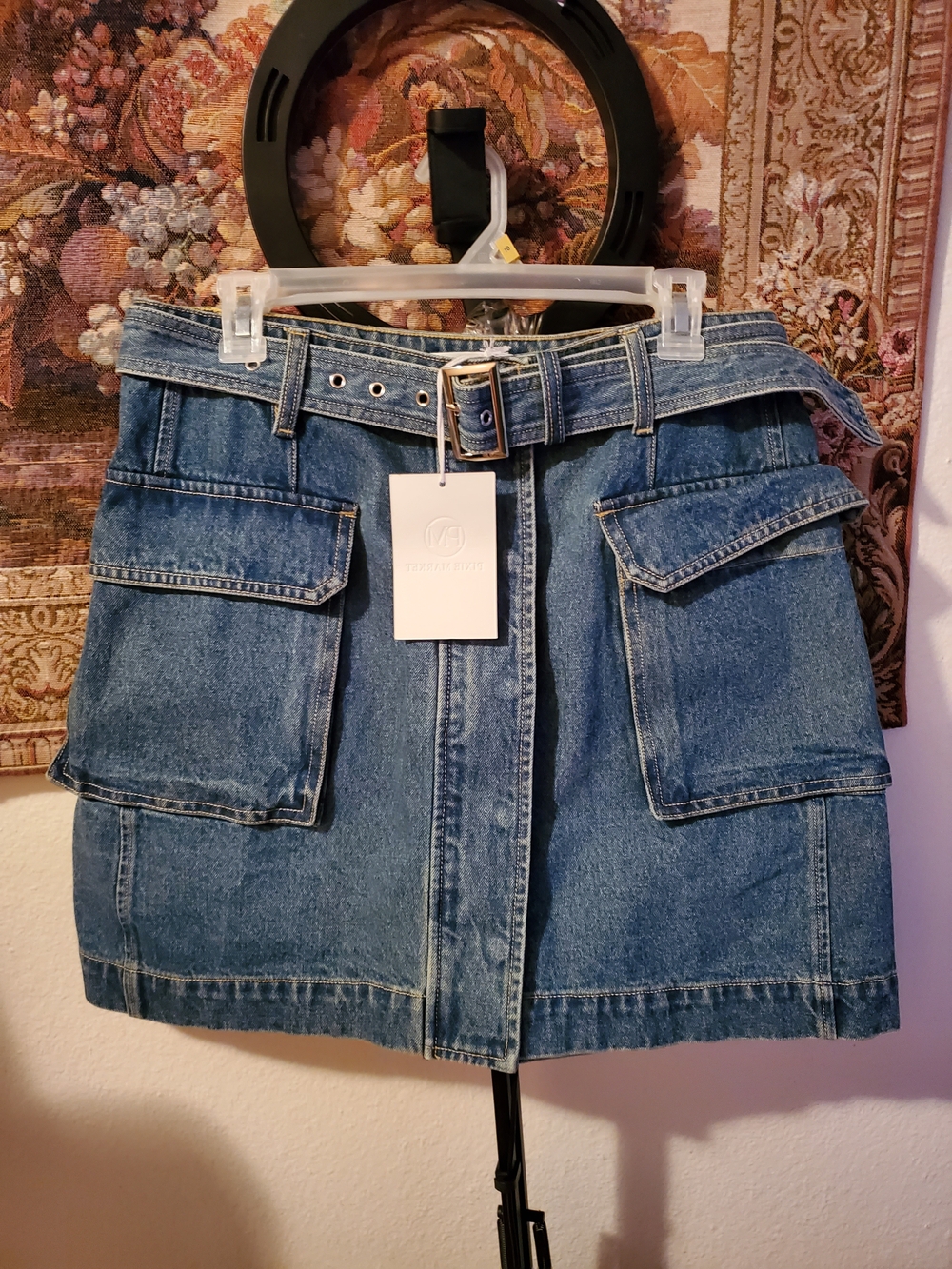 Pixie Market denim cargo mini skirt, size L. NWT.